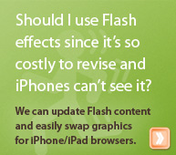 Should I use Flash effects since it&acirc;��s so costly to revise and iPhones can&acirc;��t see it? We can update Flash content and easily swap graphics for iPhone/iPad browsers.